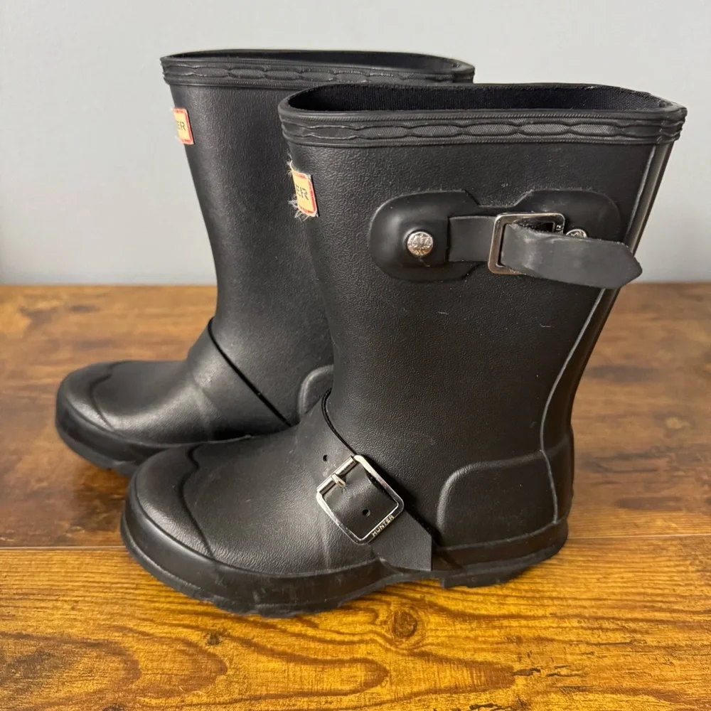 Hunter Kids Black Short Biker Moto‎ Buckle Rain Boots Size 11